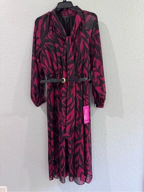 Donna Karan Black and Fuchsia Abstract Print Dress tie-neck A-line midi dress